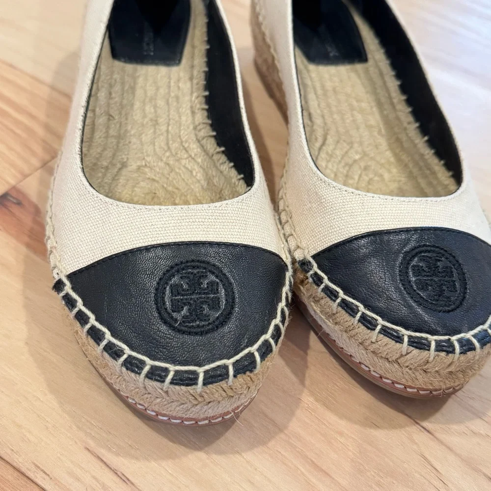 Tory Burch Beige Canvas Espadrille Flats with Black Toe Caps